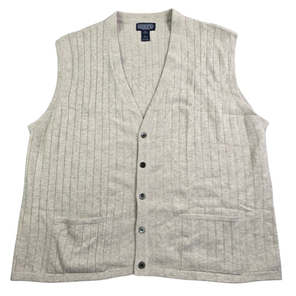 Vintage Lands' End Cashmere Cardigan Vest Mens XL Beige Ribbed Button Front